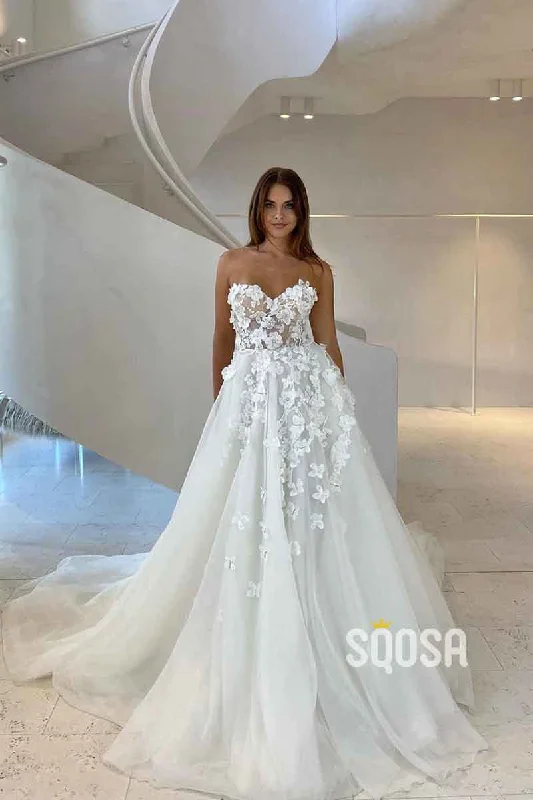 A Line Sweetheat Lace Appliques Romantic Wedding Dress QW2526 Sleek Wedding Dress