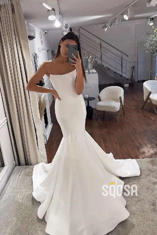 Simple Trumpet/Mermaid Strapless Satin Wedding Boho Dress Bridal Gowns QW8037 Lace Sleeveless Dress