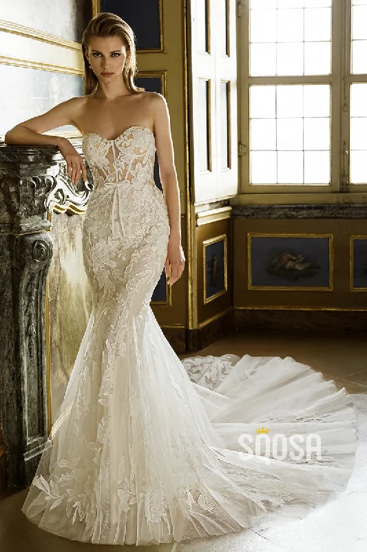 Illusion Mermaid Strapless Applique Sweep Train Wedding Dress Bridal Gowns QW8039 Open Back Dress