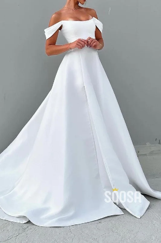 Satin A-Line Bateau Off-Shoulder With Train Elegant Wedding Dress QW8193 Lace Train Dress