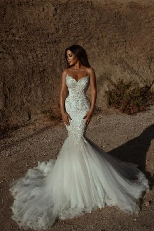 Gorgeous Sweetheart Tulle Bridal Dress Sleeveless Beading Mermaid Wedding Gown Sheer Wedding Dress