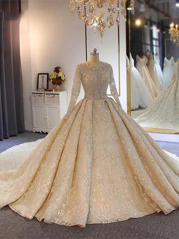 luxury Full Lace Beading Long Sleeves Ball Gown Wedding Dresses Lace Back Wedding