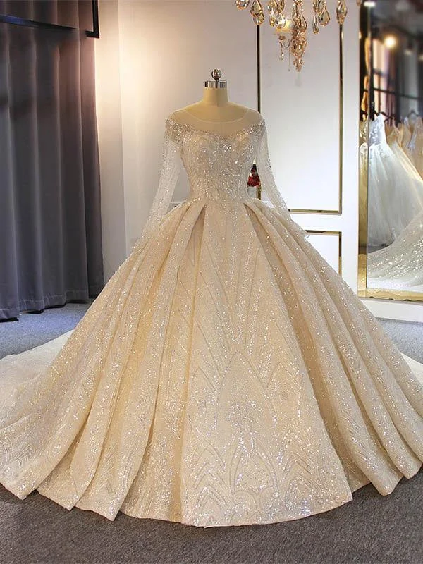 Luxury O-Neck Long Sleeves Lace Ball Gown Wedding Dresses Princess Wedding Dress