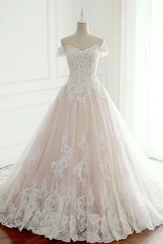 Modest Off The Shoulder Lace Tulle Ball Gown Wedding Dresses Lace Boho Dress