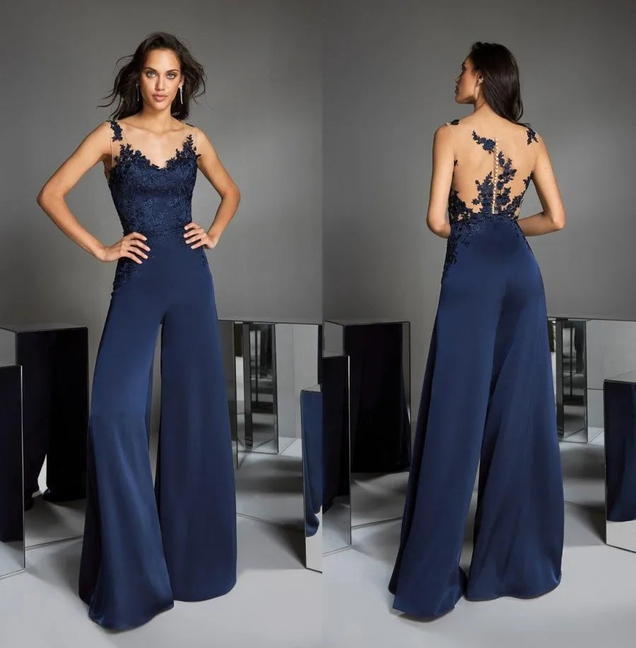 مجموعة أروين  Navy Blue Jumpsuits Mother of the Bride Pants Suit V Neck Lace Wedding Guest Dress Mothers of the Groom Gowns Outfit Luxury Wedding Dress