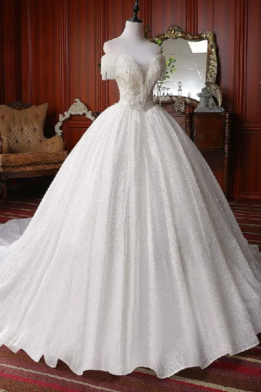 Pretty Off The Shoulder Ball Gown Beading Wedding Dresses Modest Bridal Gowns Y0106 Crystal Wedding Dress