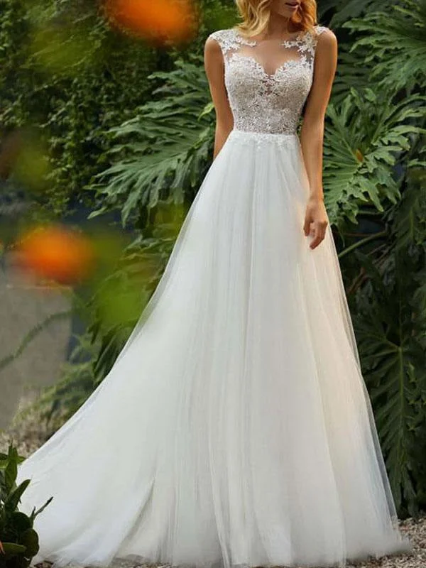 Wedding Dresses 2021 A Line Illusion Neck Sleeveless Floor Length Lace Beaded Tulle Boho Bridal Gowns Simple Satin Gown