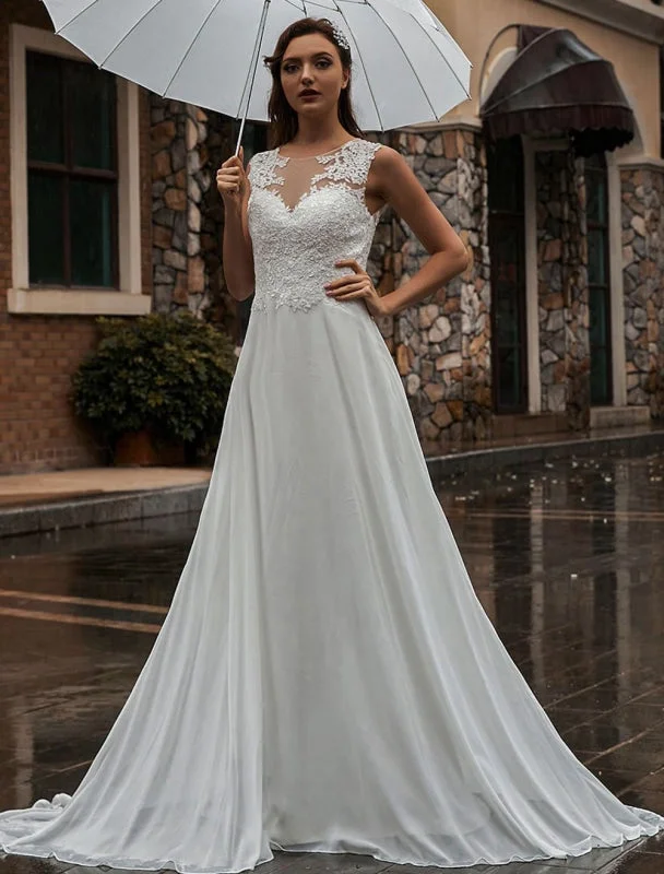 White Wedding Dress Illusion Neckline Sleeveless Applique Chiffon Floor Length Bridal Gowns Train Dress Wedding Dress Long