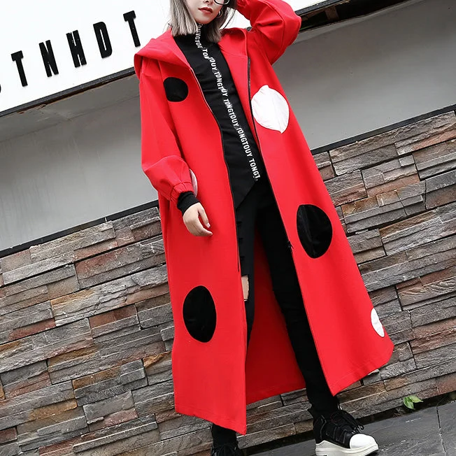 Fine red dotted Coat oversize hooded outwear Fashion side open baggy long coats