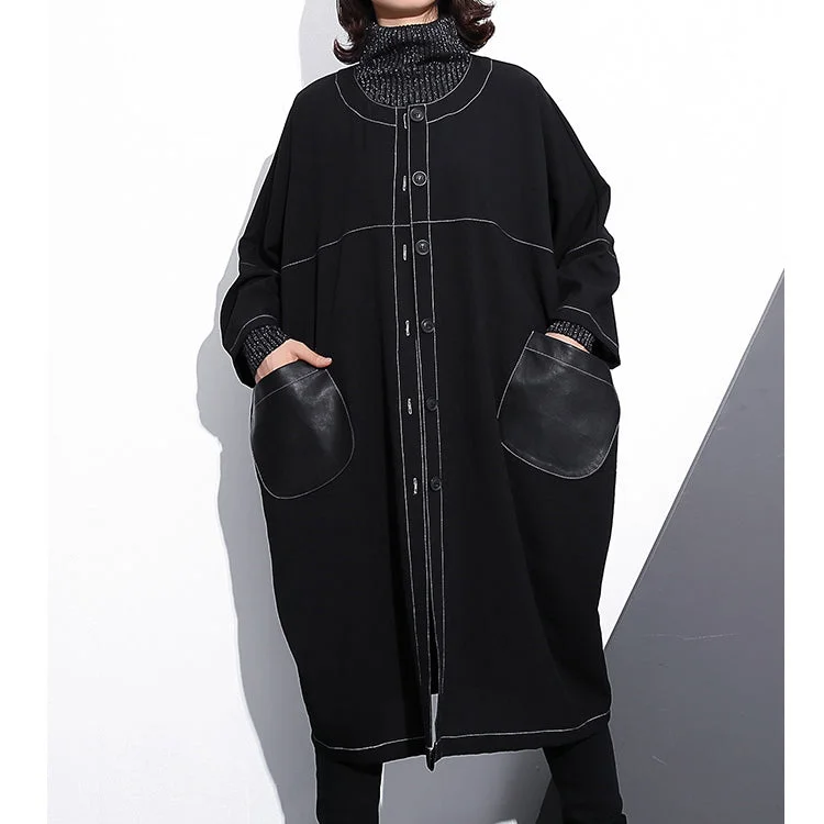 Luxury black maxi coat plus size o neck baggy boutique pockets coats