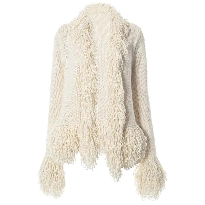 Knitted solid long sleeve tassels coat top