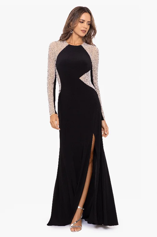 "Joanne" Long Jersey Knit Caviar Beaded Long Sleeve Dress Y2K maxi dresses