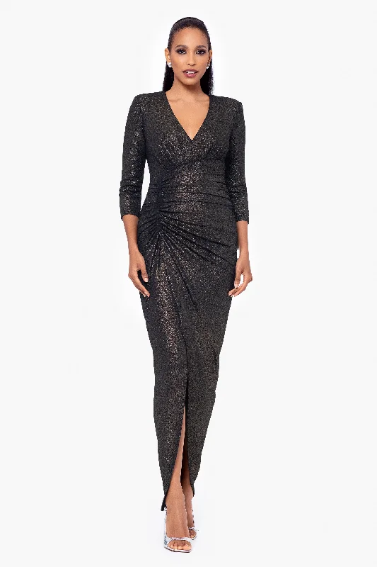 Petite "Josephine" Long Foil Knit 3/4 Sleeve V-Neck Dress Graduation maxi dresses