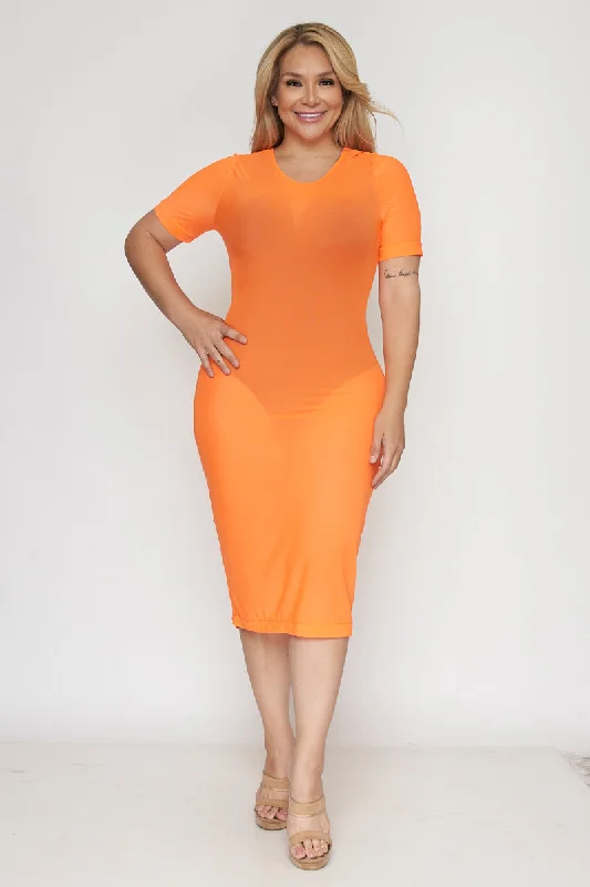 Plus Size See-Trough Short Sleeve Midi Dress in Neon "Undershirt Not Included" (D1044) Best midi dresses for tall women