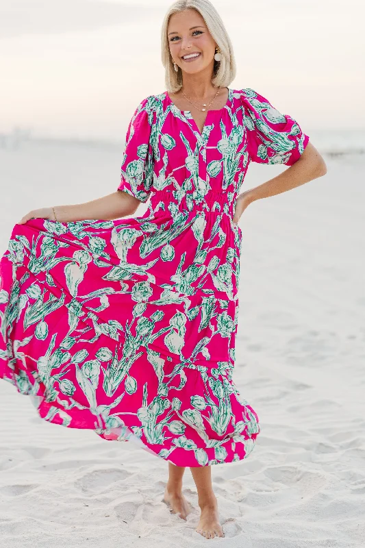 All You Hot Pink Floral Midi Dress Goth midi dresses