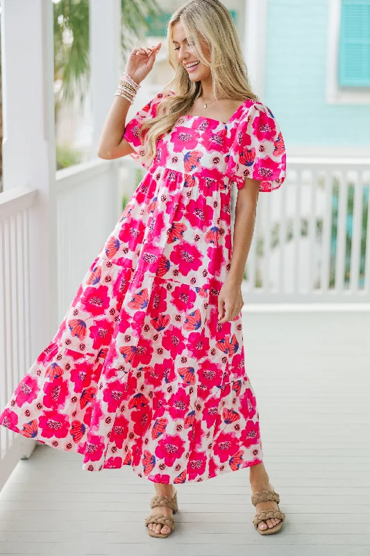 Answer The Call Hot Pink Floral Midi Dress Boohoo midi dresses