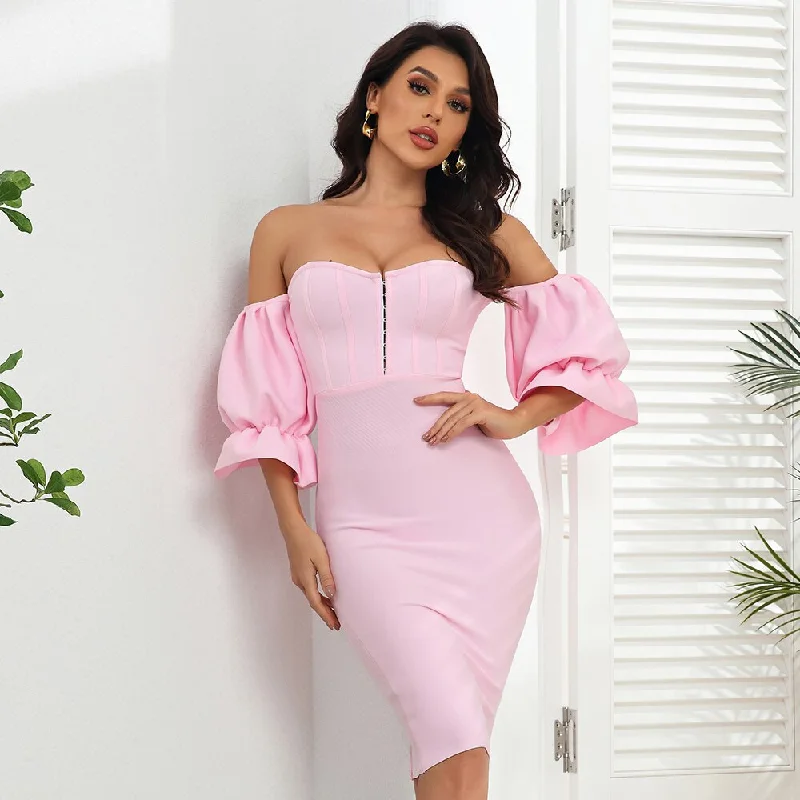 Pink Long Lantern Sleeve Bandage Dress Sweetheart Anniversary maxi dresses