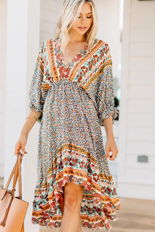 Boho Summer Cream White Floral Midi Dress Winter midi dresses