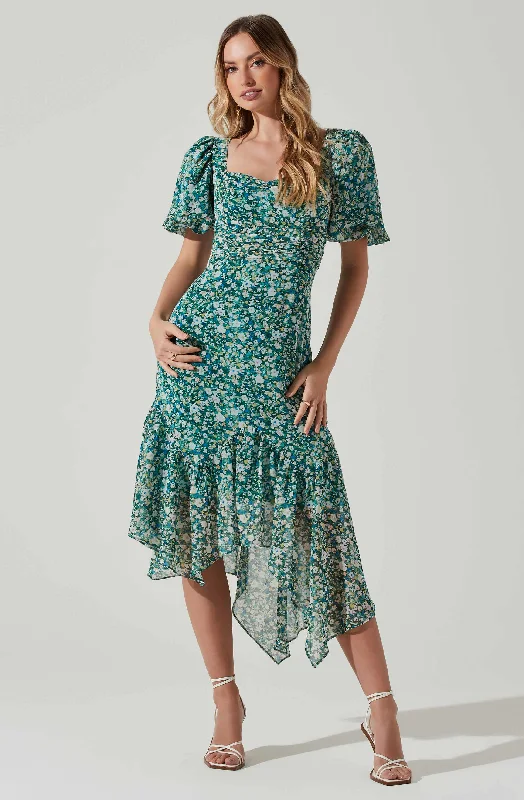 Floral Short Sleeve Asymmetrical Hem Midi Dress Best midi dresses for elegant looks