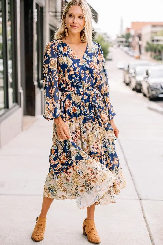 It Could Be Navy Blue Floral Midi Dress Designer midi dresses