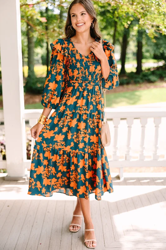 Just For Me Teal Blue Floral Midi Dress High-end midi dresses