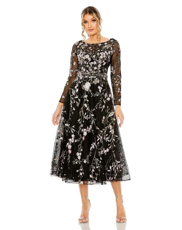 Mac Duggal 20476 Long Sleeve Formal Floral Midi Dress Sequin midi dresses