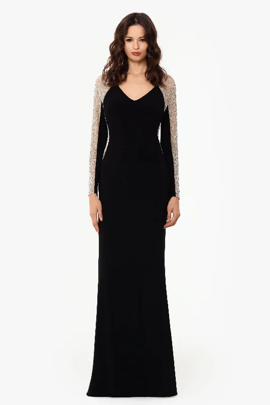 Petite "Wren" Long Jersey Knit Long Sleeve Crystal Beaded Dress Corset maxi dresses