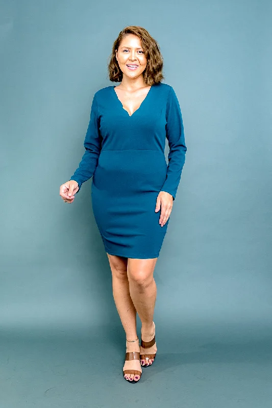 Plus Size Scalloped V Neck Long Sleeve Midi Dress in Teal (CD52540P) Smocked midi dresses