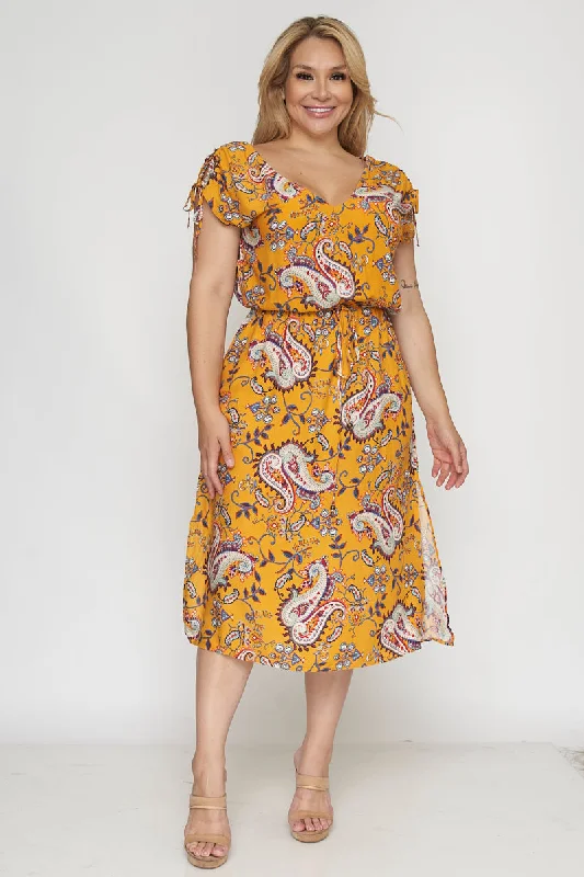 Plus Size V-Neck Paisley Plaid Midi Dress with Drawstring Cinched Waist* (RD16601P-B) Expensive midi dresses