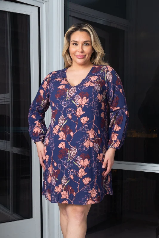 Plus Size V-Nek 3/4 Sleeve Floral Print Midi Dress W/full lining (195913) Holiday midi dresses