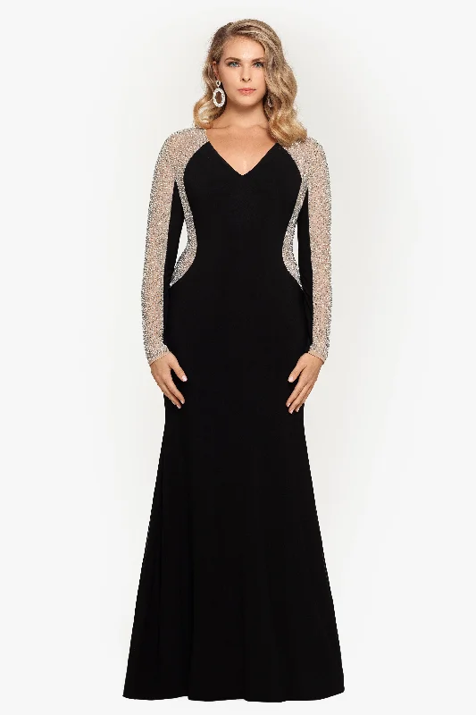 Plus "Wren" Long Jersey Knit Long Sleeve Crystal Beaded Dress Ruffled maxi dresses