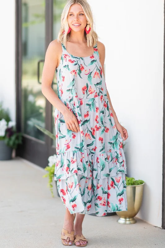 Thinking Of You Gray Ditsy Floral Midi Dress Sleeveless midi dresses