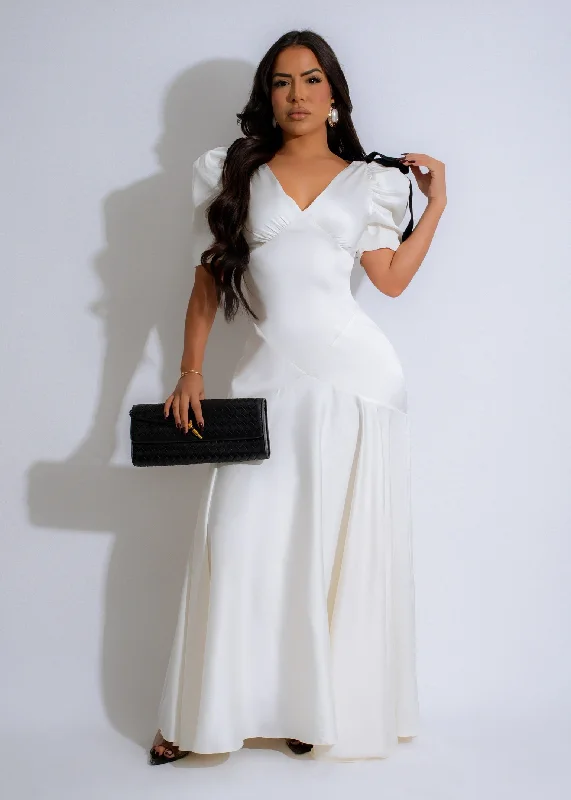 Ribbon Elegance Satin Maxi Dress White Denim maxi dresses