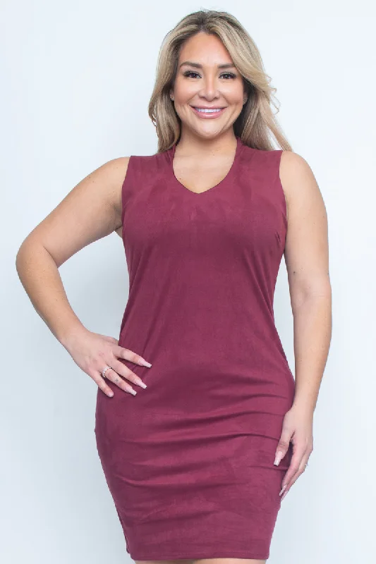 Plus Size Suede Sleeveless V Neck Midi Dress with Hidden Zip Back (Z9635) Comfortable midi dresses for everyday wear