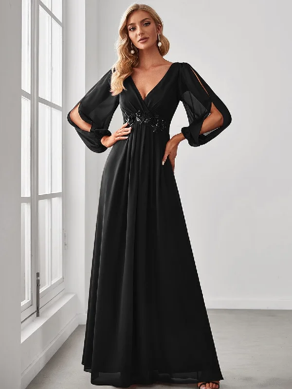 Elegant Chiffon V-Neckline Long Sleeve Formal Evening Dress test Boohoo party dresses