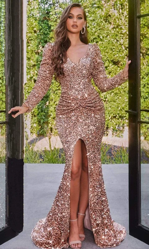 Portia and Scarlett - PS22024 Long Sleeve Full Sequin High Slit Gown Office party dresses