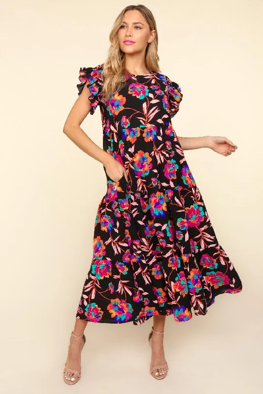 Blue Zone Planet |  Haptics Ruffled Printed Round Neck Cap Sleeve Dress Summer floral dresses