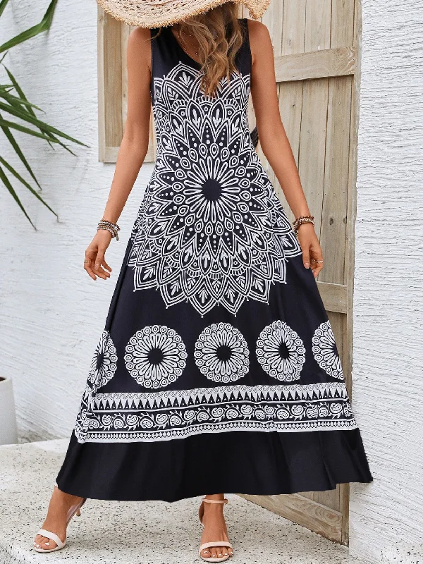 Blue Zone Planet |  Printed Round Neck Sleeveless Dress Formal floral dresses