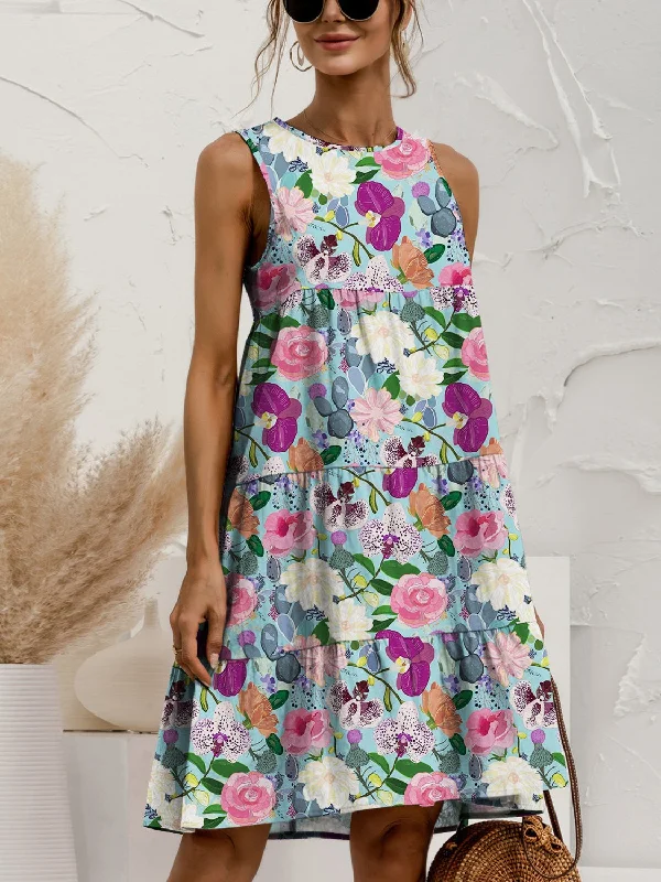 Blue Zone Planet |  Printed Round Neck Sleeveless Tiered Dress Urban Outfitters floral dresses