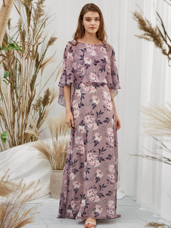 Cape Sleeves Boat Neck Chiffon Print Floral Wisteria Floor Length Formal Evening Gown Organza floral dresses