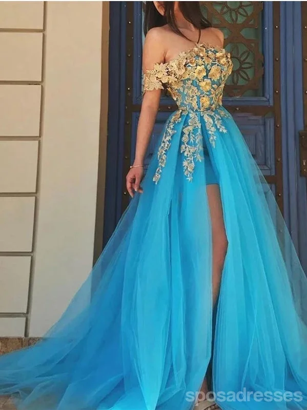 Floral Blue A-line Off Shoulder High Slit Cheap Long Prom Dresses Online,12803 Long floral dresses