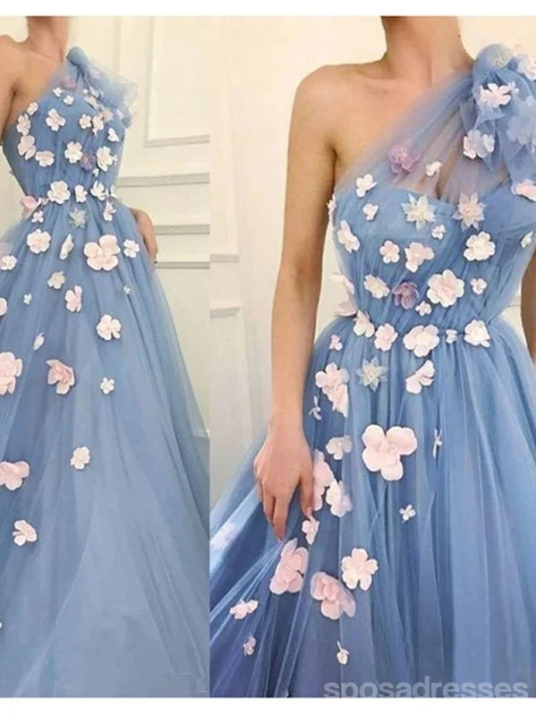 Floral Blue A-line One Shoulder Cheap Long Prom Dresses Online,12794 Retro floral dresses