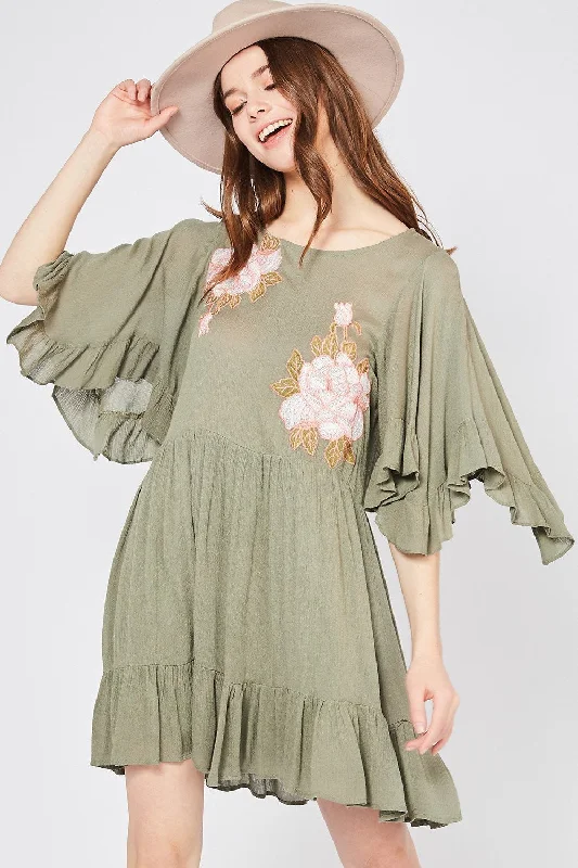 Floral Embroidered Boho Ruffle Hem Dress by Entro Velvet floral dresses