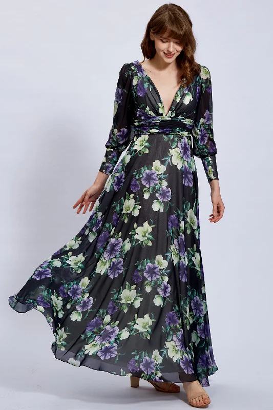 Long Puff Sleeves V Neck Floral Black Evening Gown Silk floral dresses