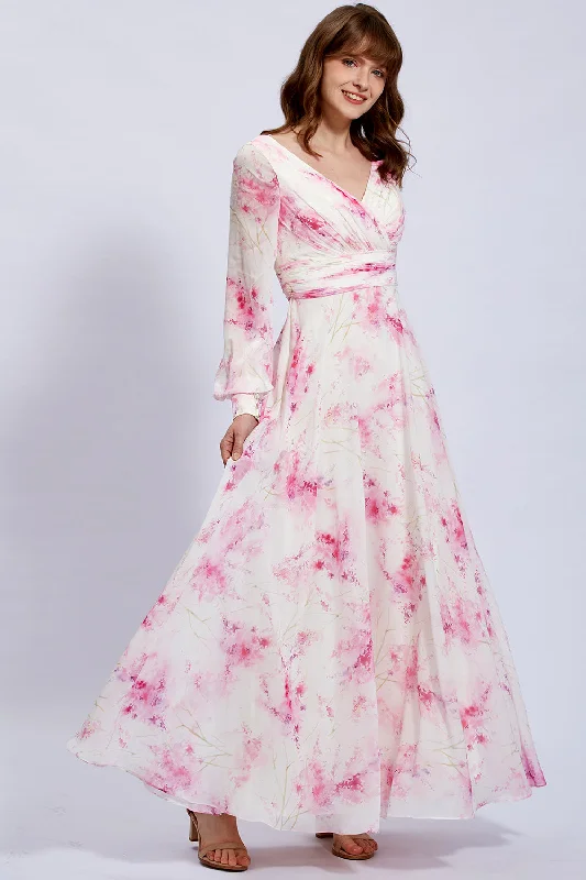 Long Sleeves V Neck Floral Chiffon Pink Formal Evening Gown Boohoo floral dresses