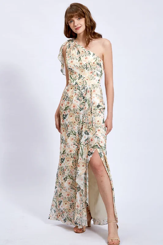 One Shoulder Floral Chiffon Formal Gown with Slit Outdoor floral dresses