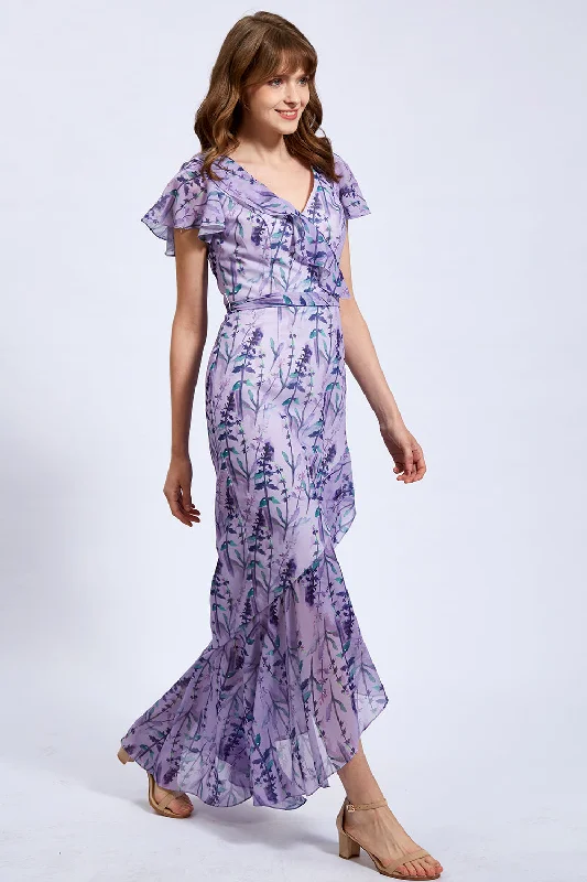 Cape Sleeves Chiffon Print Floral Wisteria Floor Length Formal Evening Gown Comfortable floral dresses for everyday wear