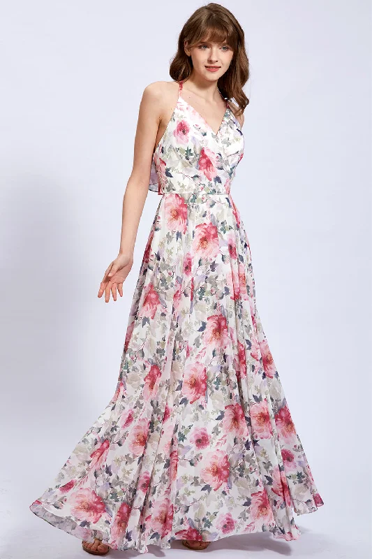 V Neck Sleeveless Pink Floral Formal Bridesmaid Dresses Versatile floral dresses for all occasions