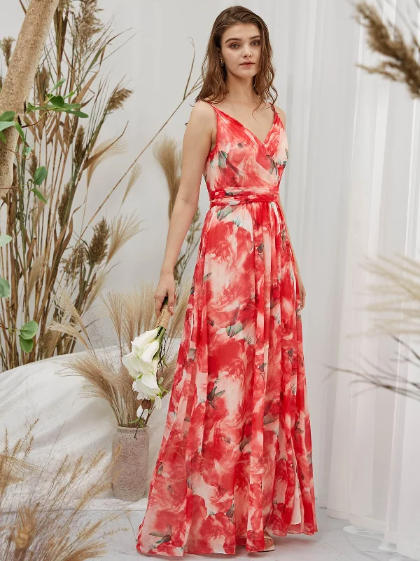 Straps V Neck Chiffon Print Floral Red Floor Length Formal Evening Gown Vacation floral dresses