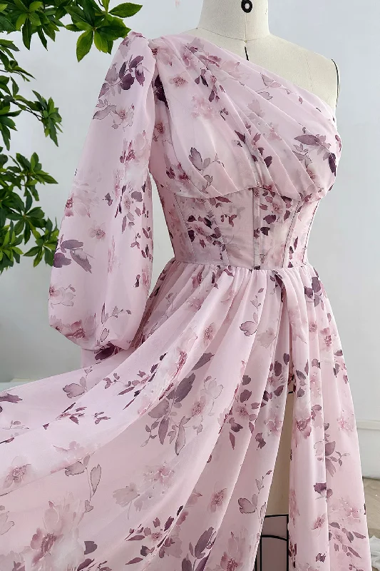 One Shoulder Long Sleeves Floral Print Chiffon Dress with Side Slit Floral dresses under $50